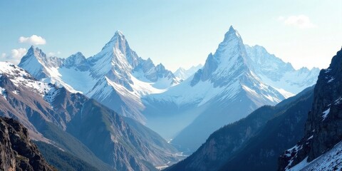 Obraz premium Majestic Snow-Capped Peaks and Serene Valley Vista A Breathtaking Panorama of Mountain Grandeur