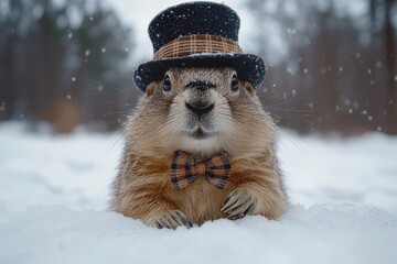 Groundhog is seen on snowy terrain, dressed in a black top hat and bow tie, during February 2's weather superstition