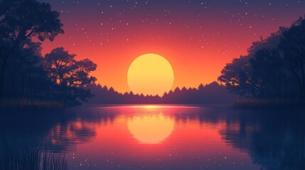 Obraz premium Sunset over calm lake, trees silhouette reflected in water.