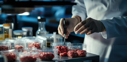 A lab technician wearing gloves carefully examines and measures red meat samples in transparent containers on a table in a well-lit laboratory environment.