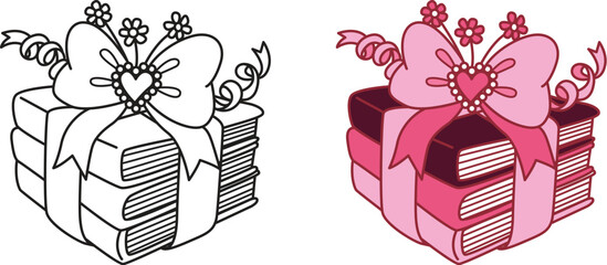 A stack of books wrapped with a pink ribbon tied into a large bow, clipart coquette aesthetic for coloring page and so on. Vector illustration.