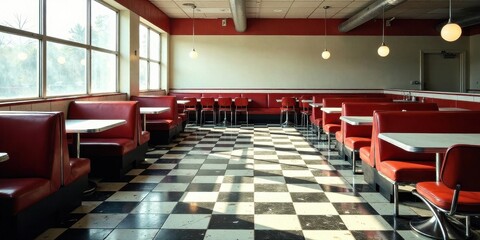 Retro Diner Interior Sunlight Streams Through Large Windows Illuminating Red Booths and Checkered Floor