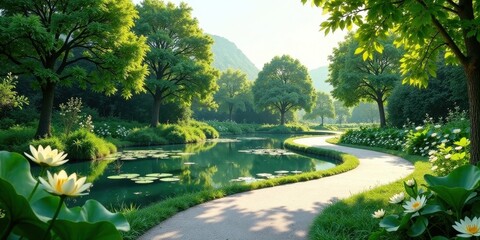 Serene Lakeside Promenade A Picturesque Path Winding Through Lush Greenery and Water Lilies, Under a Canopy of Tranquil Trees, Bathed in Gentle Sunlight