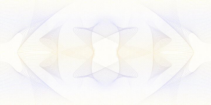 Gentle yellow, violet watermark design. Vector pastel pattern. Line art symmetric ornament, elegant guilloche. Squiggle subtle curves. Abstract background for cheque, ticket, certificate. Ai format