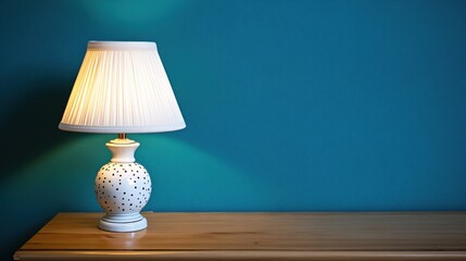 Elegant White Lamp with Pleated Shade on Wooden Surface Against Teal Wall Background