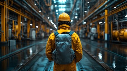 Fototapeta premium Industrial worker in yellow suit with backpack, walking through a large factory.