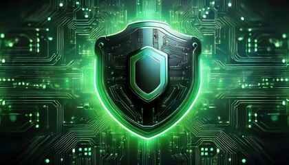 A digital shield glowing green, symbolizing cybersecurity and protection against online threats, set against a backdrop of circuit patterns.