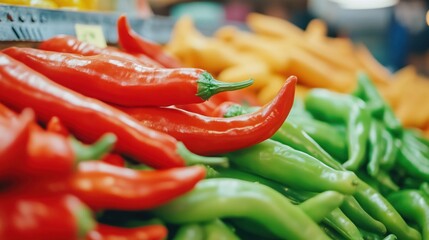 Fresh Red and Green Chili Peppers on Display in Vibrant Market Environment