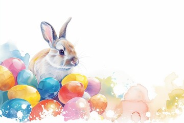 Watercolor illustration Easter bunny among eggs in bright colours 
