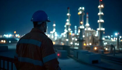 Chemical refinery lit at night with a foreman overssing it with his back to the camera. Generativ