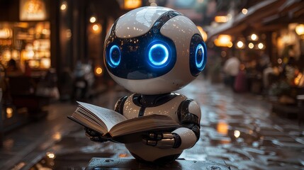 In the library, a robot is seen reading a book, demonstrating the intersection of technology and learning