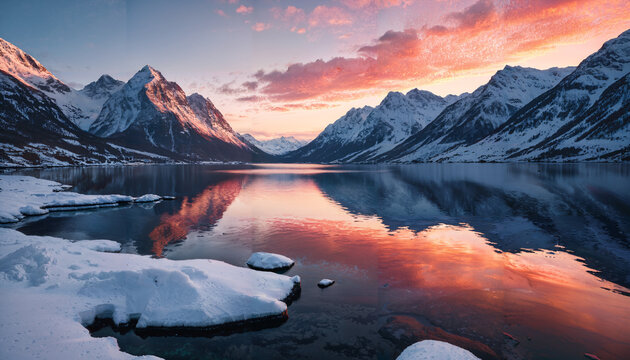Reflets flamboyants sur un lac de montagne enneig&eacute;