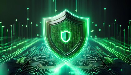 A glowing green shield representing digital security against cyber threats, set against a circuit board background with data streams.