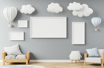 Modern Child's Room Interior Mockup with Blank Frames and Hot Air Balloons