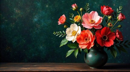 Vibrant Blooms in a Rustic Vase, a Still Life Composition Featuring a Delicate Arrangement of Flowers with Vivid Hues Against a Dark, Textured Background
