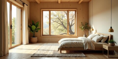 Serene Bedroom with Natural Light and Wooden Accents, Featuring a Comfortable Bed and Tranquil View