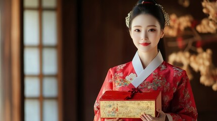 Woman in traditional Korean dress holding traditional package (focus on package). Realistic HD. Large copy space. 