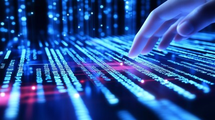 Close up of programmer hands browsing futuristic lines of code on virtual interface