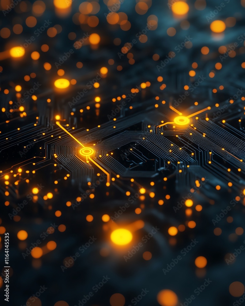 Poster abstract background of glowing yellow lights embedded within a network of lines and connections on a