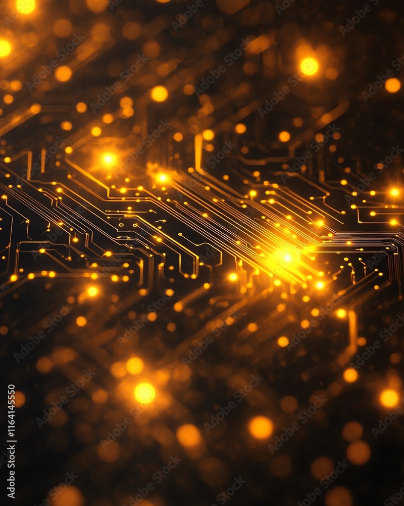 Poster abstract background of glowing yellow lights embedded within a network of lines and connections on a