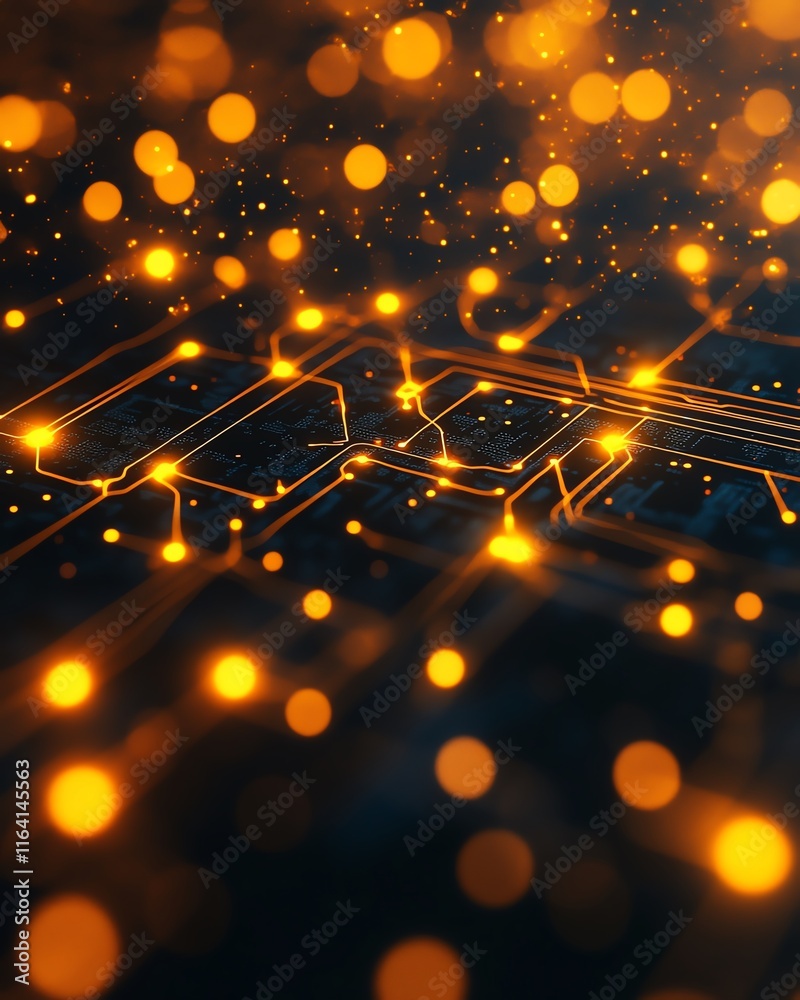 Poster abstract background of glowing yellow lights embedded within a network of lines and connections on a