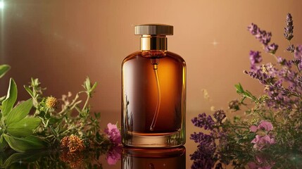 Golden brown perfume bottle with flowers around, product advertisement in natural concept.