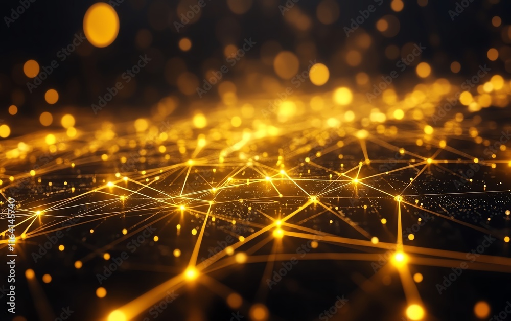 Poster abstract circuit board background with glowing yellow lights connected by dynamic lines and paths, s