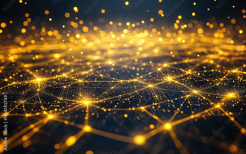 Poster abstract circuit board background with glowing yellow lights connected by dynamic lines and paths, s