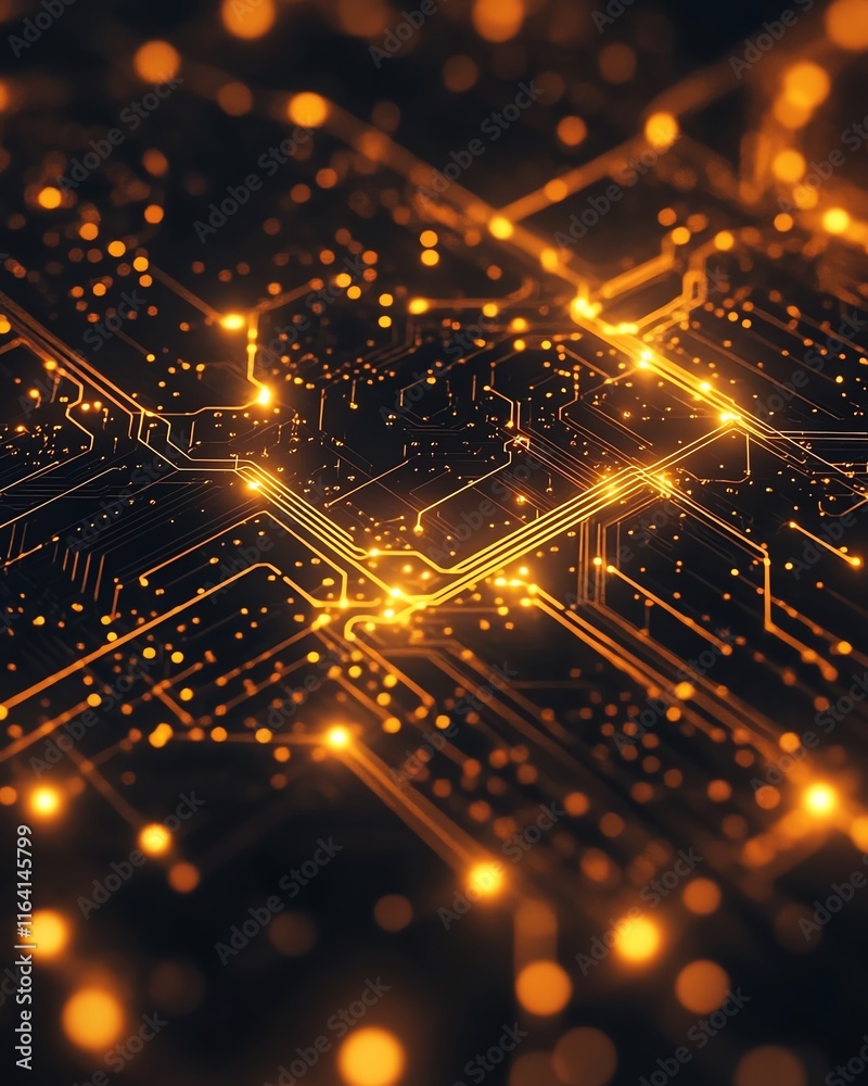 Poster abstract design of glowing yellow lights within a complex network of lines and connections on a circ