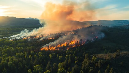 Aerial perspective of a forest fire ravaging the mountains, with rising smoke and flames engulfing the hillside trees, highlighting the summers dangerous conditions