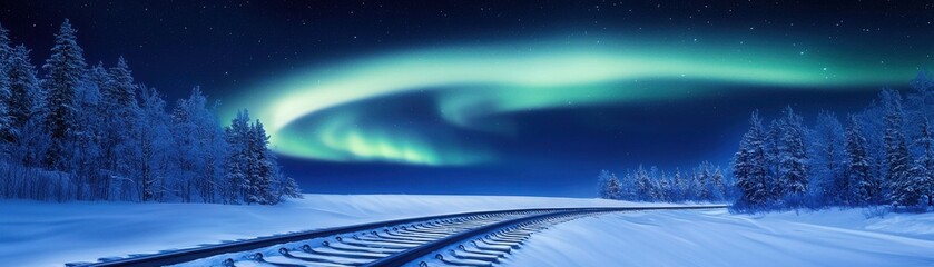 A breathtaking northern lights display illuminates a snowy landscape, with train tracks leading through the serene winter scene.
