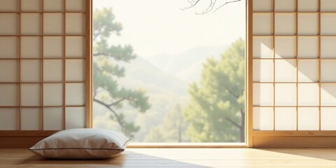Serene Minimalist Room Interior Design with Shoji Screen and Natural Light Featuring a Soft Cushion on Wooden Floor