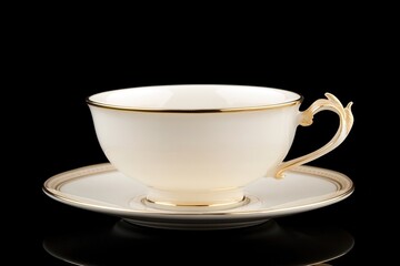 Fototapeta premium Elegant White Tea Cup with Gold Trim on Black Background for Home Decor Aesthetics