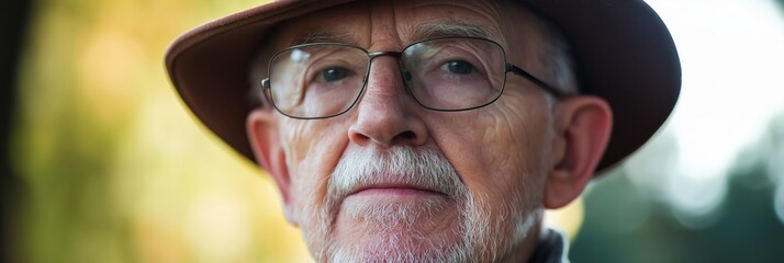 A thoughtful elderly man stares intently while wearing a hat.
