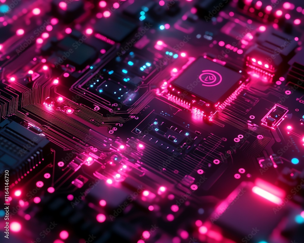 Poster closeup of a circuit board with glowing pink and blue chips, symbolizing technological advancements 