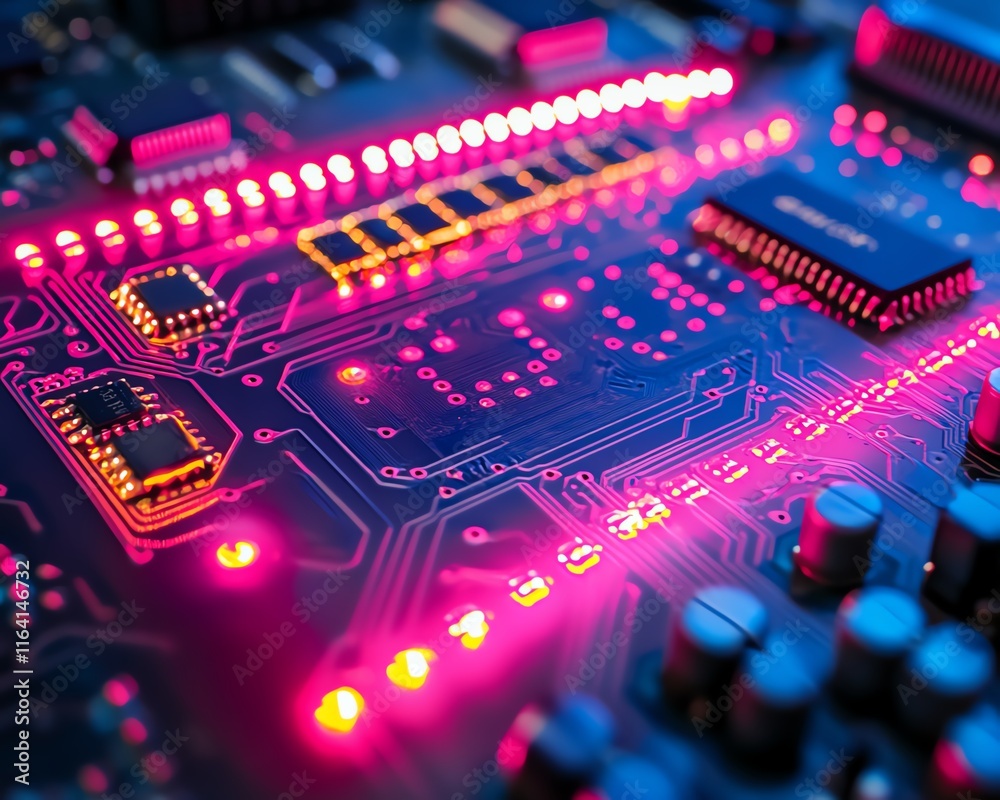Poster closeup of a circuit board with glowing pink and blue chips, symbolizing technological advancements 