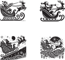 Santa Claus Silhouette with Sleigh and Reindeer in Festive Christmas Scenes