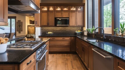 Designer kitchen with a combination of dark wood and metal accents.