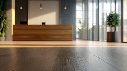 Fototapeta premium Modern Office Lobby Interior Design: Wood Floor, Reception Desk, and Sunlight