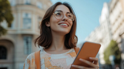 A woman with a visual impairment confidently exploring the city while using her smartphone on a sunny day. Generative AI