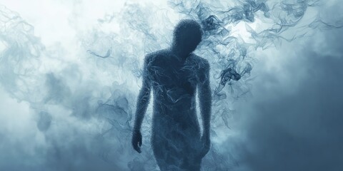 A shadowy figure surrounded by swirling mist, embodying mystery and emotion.