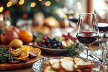 Naklejka premium A beautifully arranged table featuring various foods and drinks, perfect for a celebration.