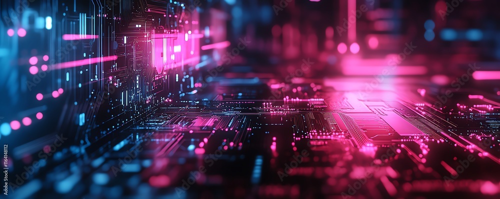 Poster futuristic circuit board with glowing pink and blue chips, representing the rapid advancements in ai