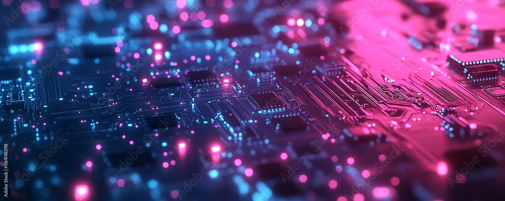 Poster highresolution closeup of a circuit board with glowing pink and blue chips, showcasing the technolog