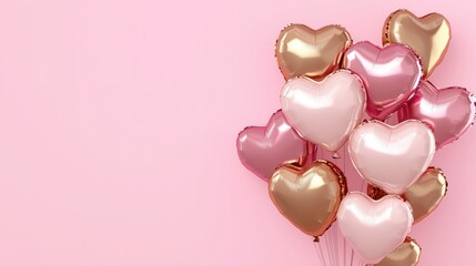 Abstract background with heart shaped balloons in rose pink gold and colors on a pink background. Mockup for presentation design, greeting card, or party invitation.