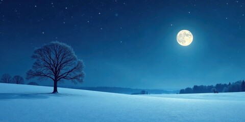 Fototapeta premium Serene Winter Nightscape A Lone Tree Under the Full Moon's Glow in a Snow-Covered Field