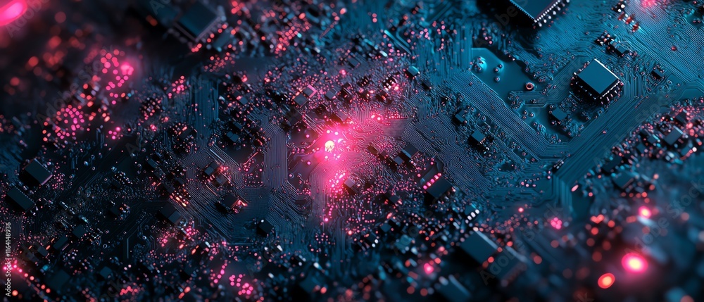 Poster Intricate closeup of a circuit board with glowing pink and blue chips, highlighting the role of technological advancements in AI s transformative impact