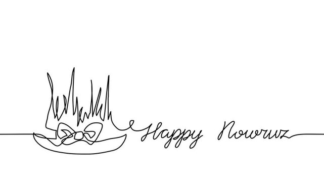 Happy Nowruz simple animated illustration, banner with green wheat grass and red ribbon. One continuous self drawing line animation, Persian New Year greeting, lettering Happy Nowruz