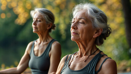 Elderly women practice yoga outside.