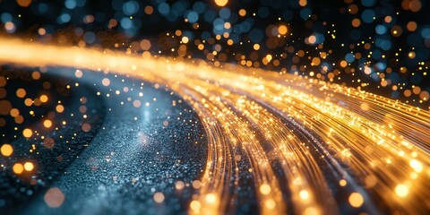 Fototapeta premium Golden light trails streak across dark shimmering background dynamic and energetic visual